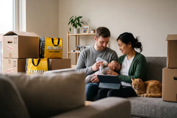 Een jong stel op de bank in hun nieuwe huis, tussen verhuisdozen, met hun baby, een kat en een tablet op schoot.