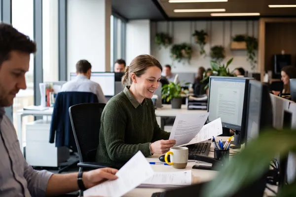 Een medewerker controleert lachend een geprinte brief, met de verzending op het scherm naast haar.