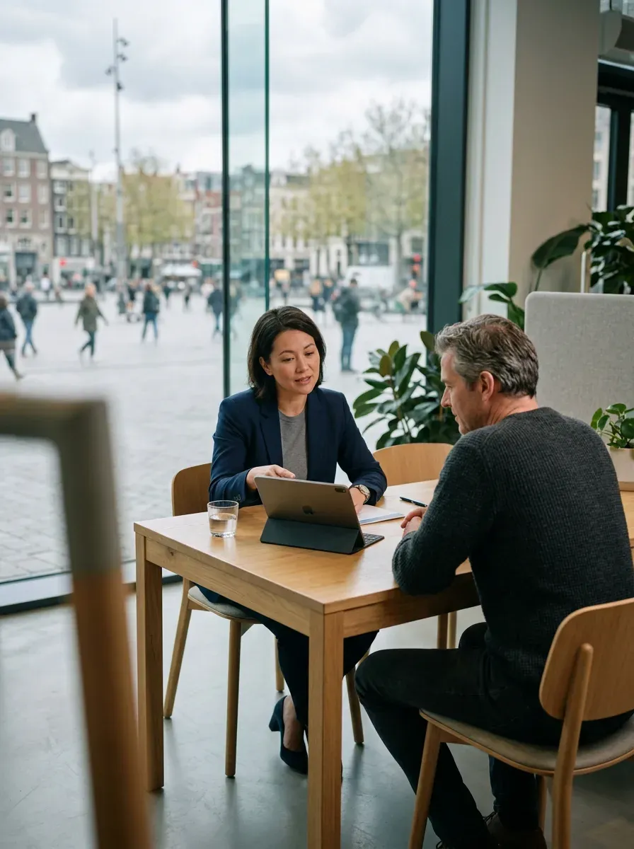 Een adviseur bespreekt met een klant gegevens op een tablet, aan een tafel bij het raam met een plein op de achtergrond.