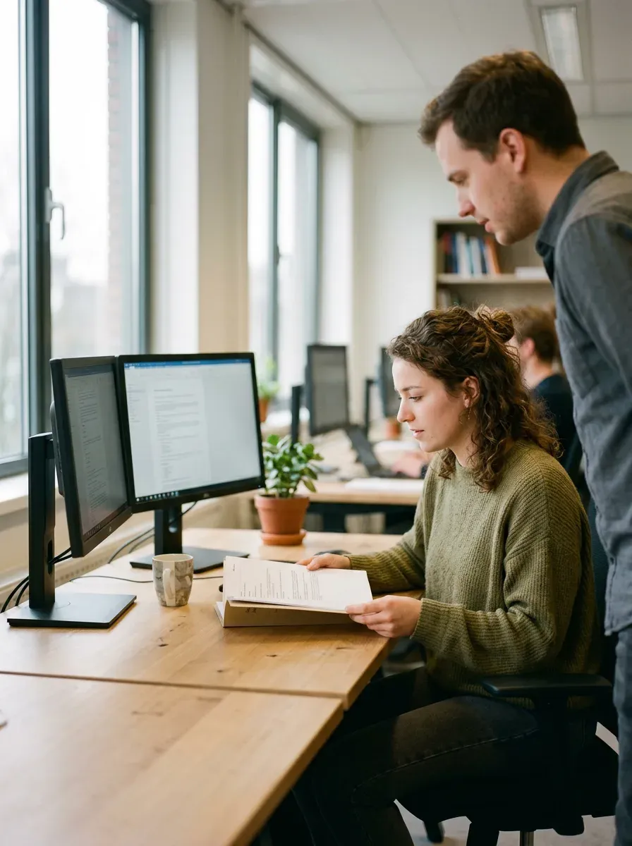 Een medewerker leest aan haar bureau een brief door, terwijl een collega achter haar meekijkt.